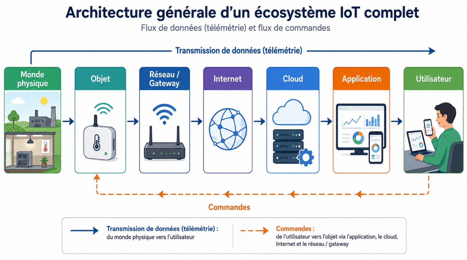 Architecture générale d’un écosystème IoT, du monde physique à l’utilisateur avec flux de télémétrie et de commandes